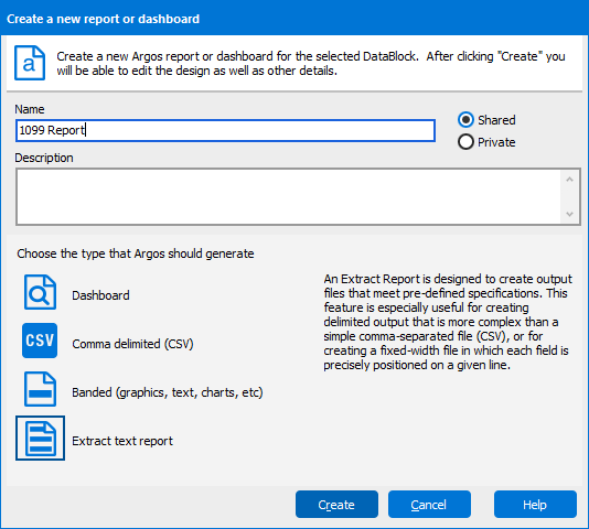 The Create a New Report dialog box. Ten 99 report is filled in for the report title, and extract text report is selected as the report type.